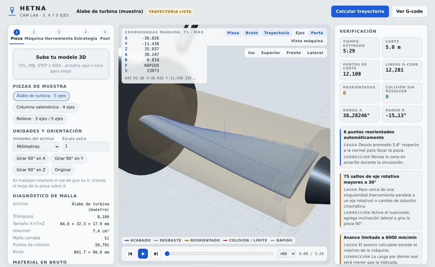 Laboratorio CAM simulando un álabe de turbina en 5 ejes, con tiempo estimado y verificación de colisiones