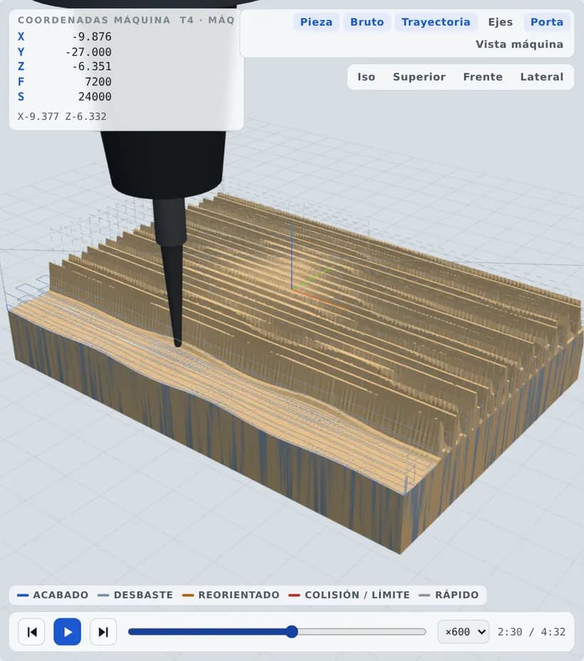 Simulación de desbaste de un relieve en 3 ejes, a la mitad del proceso